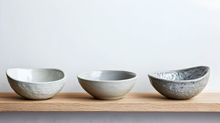 Three Grey And White Textured Bowls On Wooden Shelf