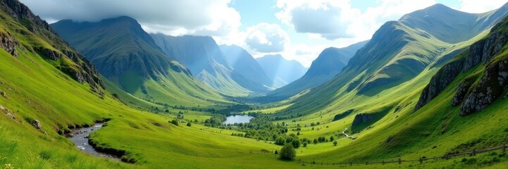 Naklejka premium Glencoe valley panorama, Scottish highlands Majestic peaks, lush green landscape , mountains, view