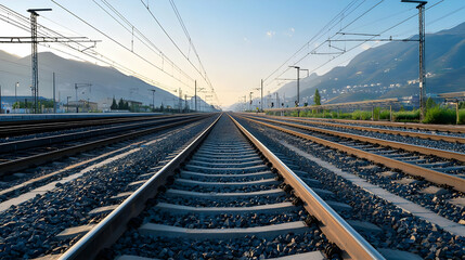 Fototapeta premium Straight Railway Tracks Leading To Distant Mountains