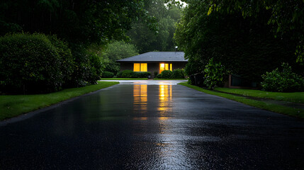 Obraz premium Rainy Night Exterior Of A House With Illuminated Windows