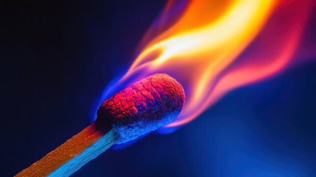 Close-up of a match burning with a vibrant orange and blue flame.
