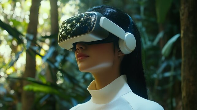 Woman wearing a vr headset in a forest setting with trees reflected in the visor of the device