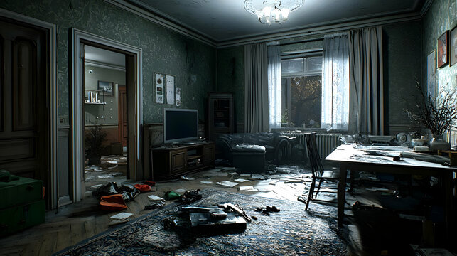 Messy Living Room Interior With Damaged Furniture