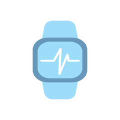 Simple Flat Vector Illustration of a Light Blue Smartwatch Displaying a Heartbeat Line, Isolated on a White Background