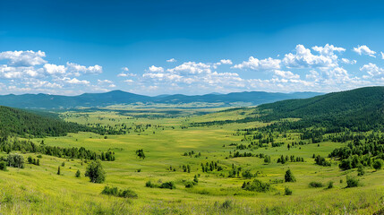 Obraz premium Panoramic View Of Green Valley Under Sunny Sky