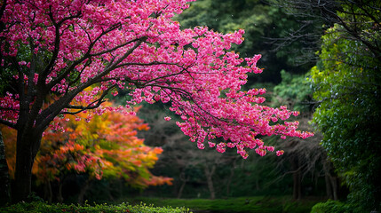 Pink Cherry Blossoms Amidst Fall Foliage In Japanese Garden