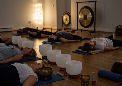 People experience relaxation and meditation during a sound bath session in a peaceful environment.