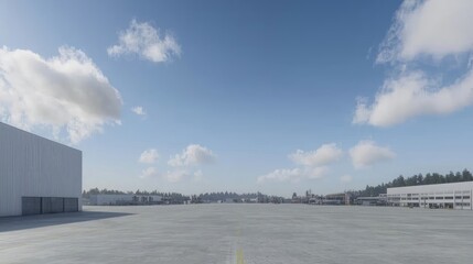 Obraz premium Wide-open tarmac stretches between modern white buildings under a clear sky. A vast expanse of concrete and buildings