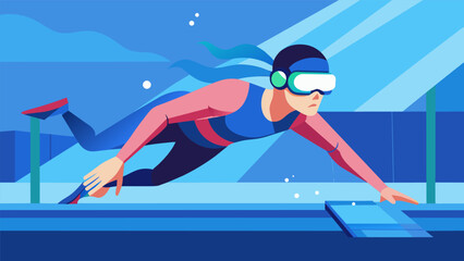 A VR swimming program that helps athletes improve their stroke technique and endurance by simulating different racing scenarios and environments.. Vector illustration