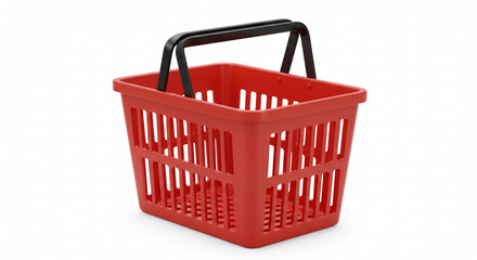Red Plastic Shopping Basket Isolated on White &ndash; 3D Render of Retail Grocery Container

