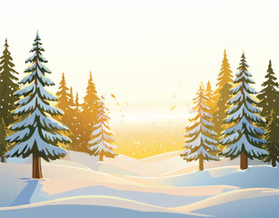 Fototapeta premium Winter Forest with Snowy Pines at Sunset Vector