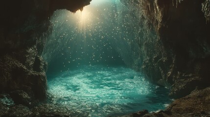 Fototapeta premium Sunlight streams into a turquoise pool within a rocky, dark, serene cave.