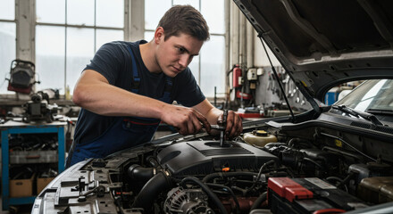 A mechanic working on an open car engine, focused expression, hands with tools, workshop background. High-resolution image, natural light, no blur.