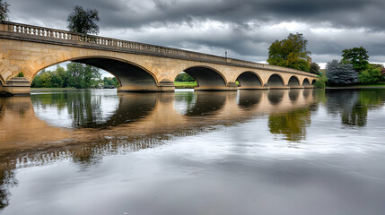 Fototapeta premium Stone Arch Bridge Over Calm River Under Cloudy Sky