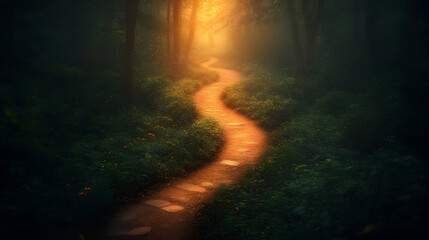 Fototapeta premium Enchanting sunlit path winding through a mystical forest, bathed in golden light, leading to the unknown.