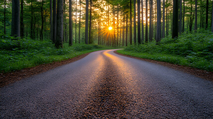 Fototapeta premium Serene sunset illuminating a winding road through a lush green forest. Perfect for travel, nature, or inspirational themes.