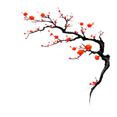 delicate branch of cherry blossom tree with vibrant red flowers and dark bark, set against transparent background, evokes sense of tranquility and natural beauty