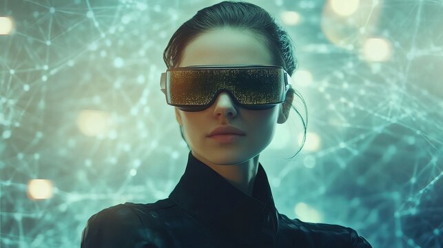 Woman wearing vr headset with digital display and futuristic background with network connections - Powered by Adobe