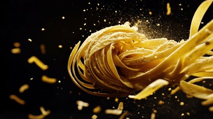 Close-up of a nest of uncooked tagliatelle pasta sprinkled with flour.