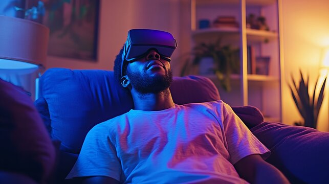 Man relaxing on a couch with vr headset in a room with blue and purple lighting and a bookshelf behind - Powered by Adobe