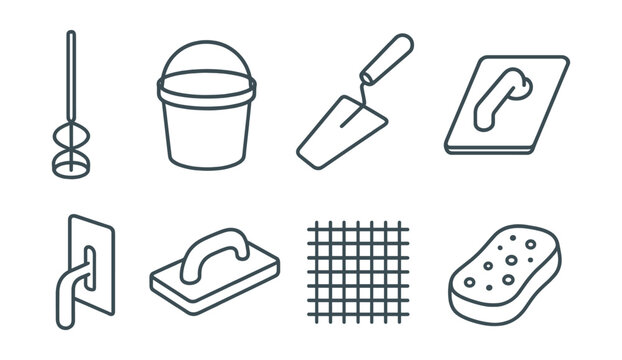 Line vector icons of construction and repair: mixing paddle, plaster bucket, stucco trowel, hawk board, corner trowel, surface float, render mesh, wet sponge.