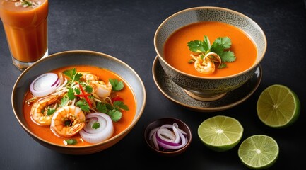 A steaming bowl of tom yum soup with shrimp, garnished with herbs and accompanied by a tall glass of orange juice on a wooden table
