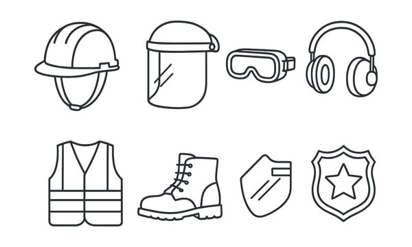 Line vector icons of construction and repair: safety helmet, chin strap, face shield, goggles, ear muffs, vest with reflectors, steel toe boots, safety badge.
