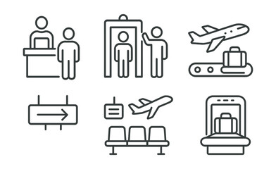 Line vector icons of airport navigation: check-in, control, gate, luggage belt, signpost, scoreboard, departure zone, scanner.