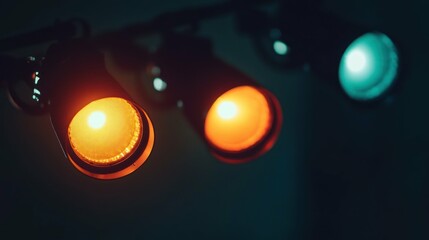 Fototapeta premium A close-up of vibrant spotlights shining with a glow in a dark setting.