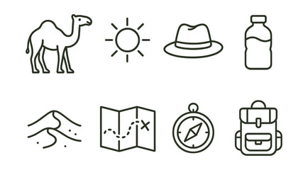 Line vector icons of desert adventure: camel, sun, hat, water, sands, map, compass, backpack.