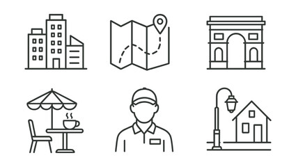 Line vector icons of urban exploration: city, map, transportation, camera, attraction, cafe, guide, street.