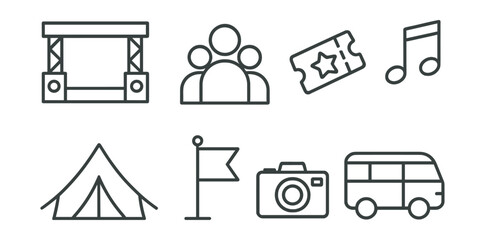 Line vector icons of festival travel: stage, crowd, ticket, music, tent, flag, camera, transportation.