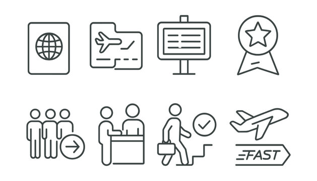 Line vector icons of airport fast track: passport, ticket, scoreboard, priority, fast track icon, queue, check, boarding.