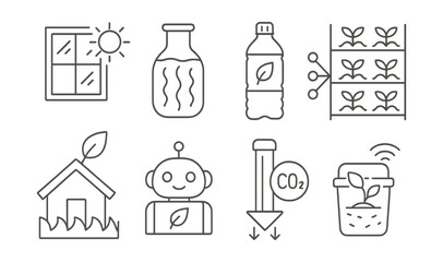 Line vector icons of green innovation: solar window, algae energy, bioplastic bottle, vertical farm, green roof, AI eco bot, carbon capture, smart compost bin.