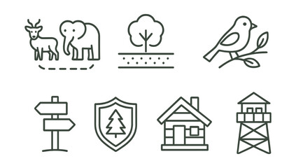 Fototapeta premium Line vector icons of nature conservation zones: wildlife corridor, buffer zone, habitat icon, trail marker, protected sign, ranger station, eco hut, watchtower.