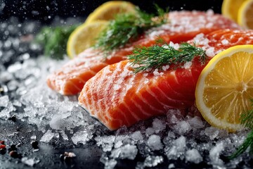 Fresh salmon fillets on crushed ice, seasoned with dill and lemon, beautifully presented, creating an appealing and appetizing culinary display for seafood lovers.