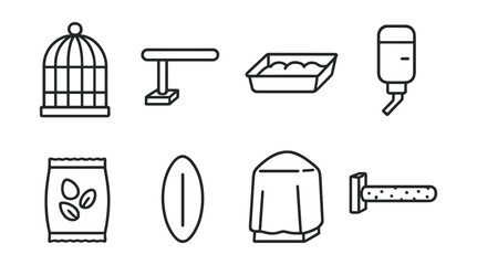 Line style icons of bird care: bird cage, perch, feeding tray, water bottle, seed mix, cuttlebone, cage cover, grooming perch.