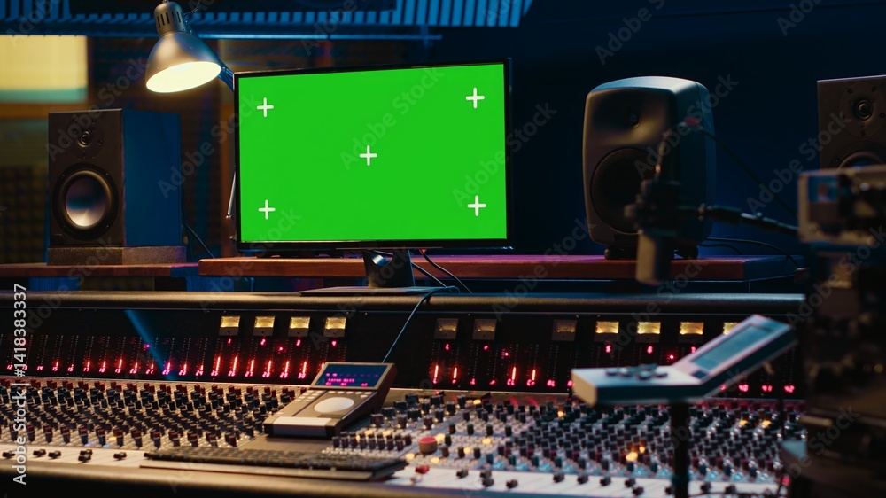 Poster Empty professional studio showing greenscreen layout on monitor, mixing console with a variety on buttons, knobs and sliders. Audio engineering control room with technical gear. Camera A.