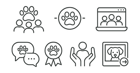 Line style icons of pet community: meetup icon, social paw, online group, pet blog, forum chat, breed club, adoption network, shared photo.