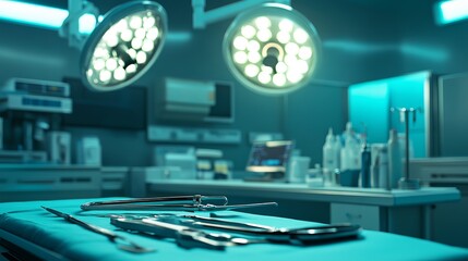Surgical instruments on a table with operating lights and medical equipment in the background scene