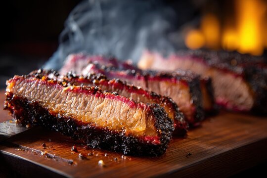 Delicious sliced smoked brisket with a dark crust on a wooden board, showcasing the tender meat and vibrant smoke ring with a background of fire embers.