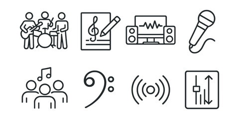 Line style icons of music and sound: band rehearsal, songwriting, music studio icon, singer mic, chorus section, bass clef note, echo sound, dynamic range.
