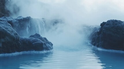 Naklejka premium Serene shot of Iceland's Blue Lagoon with steam, rocks, and blue water.