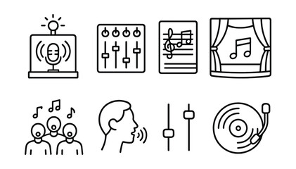 Line style icons of music and sound: vocal booth light, sound mixing console, orchestra score, musical theater stage, choir rehearsal, voice training, tone control, DJ vinyl.