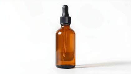 Amber glass bottle, white label, dropper cap, wooden table, minimalist, product photography, soft lighting, clean background, cosmetic packaging, essential oil, serum, tincture