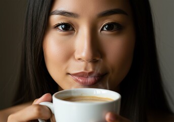 close up of a beautiful asian woman drinking coffee