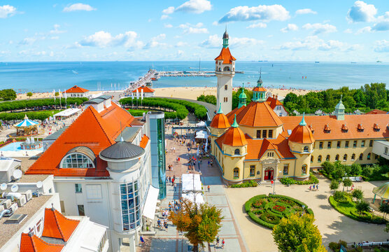 Sunny landscape of the resort town of Sopot and Molo - pier on the Baltic Sea. Poland