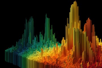 Vibrant gradient abstract landscape art with geometric bars against a black background in a futuristic, techy digital design concept.