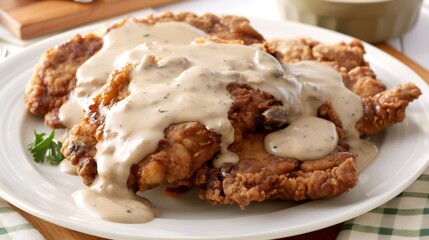 American style chicken fried steak creamy gravy southern comfort food on white plate