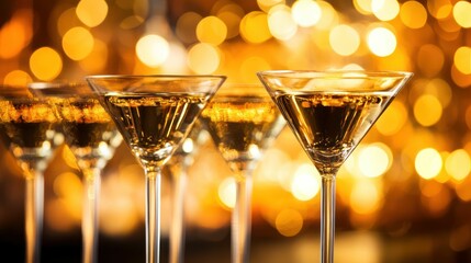Elegant martinis sparkle against a golden bokeh backdrop, festive occasion.